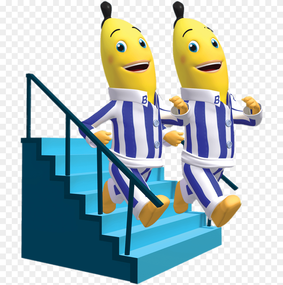 Bananas In Pyjamas Walking Down The Stairs Transparent Animated Bananas In Pyjamas, Toy, Handrail, Staircase, Housing Png Image