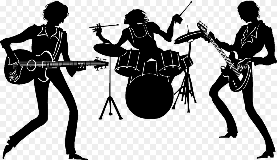 Band Silhouette Drums Picture Rock Band Silhouette, Guitar, Musical Instrument, Sword, Weapon Free Transparent Png