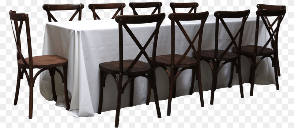 Banquet Table With 10 Mahogany Cross Back Chairs Rectangular Banquet Table, Chair, Dining Table, Furniture, Tablecloth Png Image