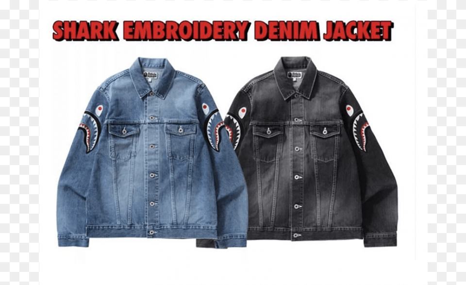 Bape Shark Embroidery Denim Jacket Jean Jacket, Clothing, Coat, Pants, Jeans Free Png Download