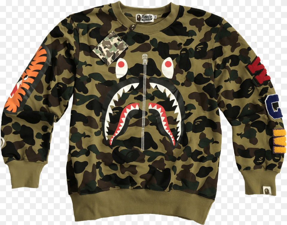 Bape Shark Head Camouflage Sweatshirt, Sweater, Knitwear, Clothing, Military Free Transparent Png