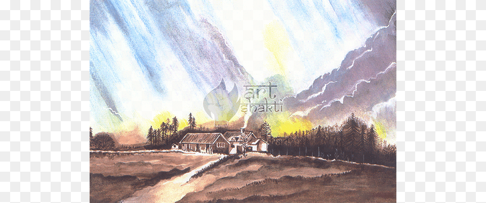 Barn House Chimney Smoke Rainy Clouds Trees Watercolour Painting, Art, Nature, Outdoors Free Png