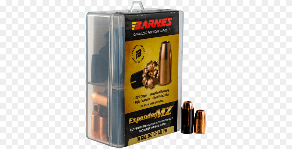 Barnes Bullets Expander Mz 50 Black Powder 250 Gr 24 Bullet, Ammunition, Weapon, Bottle, Cosmetics Png Image