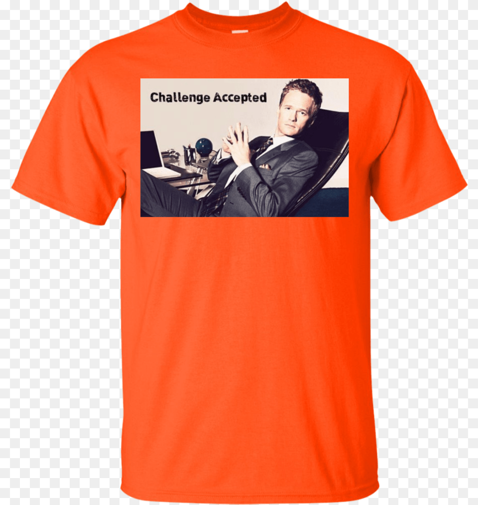 Barney Stinson Challenge Accepted T Shirt Orange Harley Davidson T Shirt, T-shirt, Clothing, Person, Man Free Png