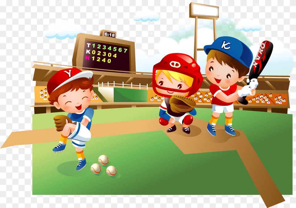 Baseball Field Cartoon Child Cartoon Kids Playing Baseball, People, Person, Baby, Ball Free Png