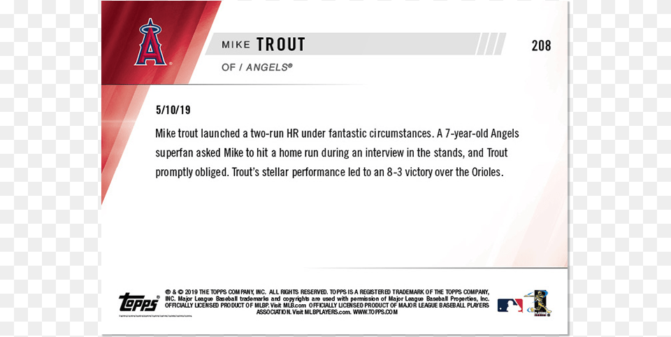 Baseball Kolekcje Mike Trout 2019 Topps Now 208 Belts Topps, Text, Advertisement, Poster Free Png