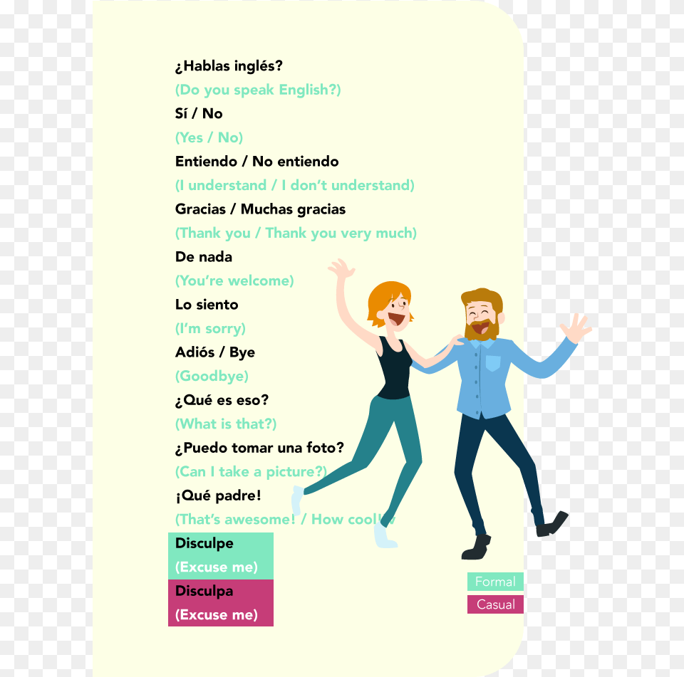 Basic Spanish Phrases Thanks And Greetments Cartoon, Advertisement, Poster, Adult, Person Free Png Download