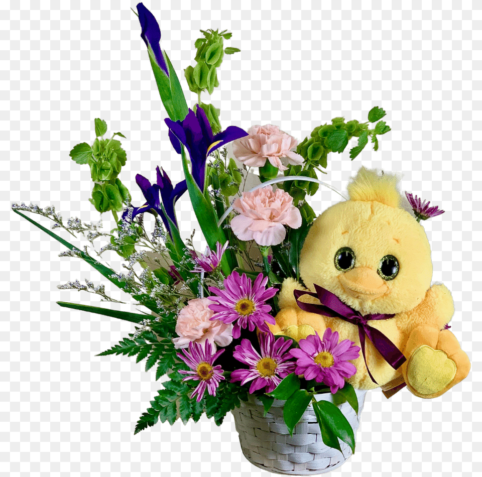 Basket Arrangement Of Purple Iris Green Bells Of Ireland Bouquet, Flower, Flower Arrangement, Flower Bouquet, Plant Png Image