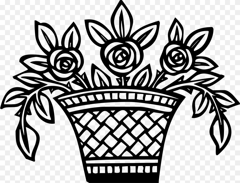 Basket Of Flowers 3 Clip Arts Flowers With Basket Drawing, Gray Png