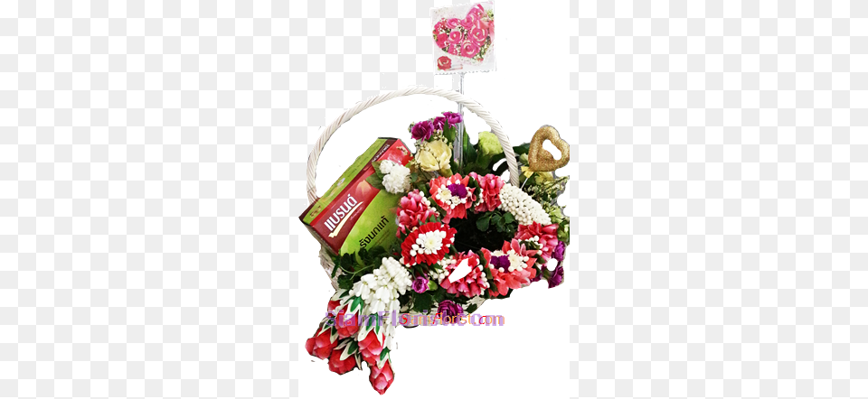 Basket Of Garland Flowers And Bird Net Net, Flower, Flower Arrangement, Flower Bouquet, Plant Png Image