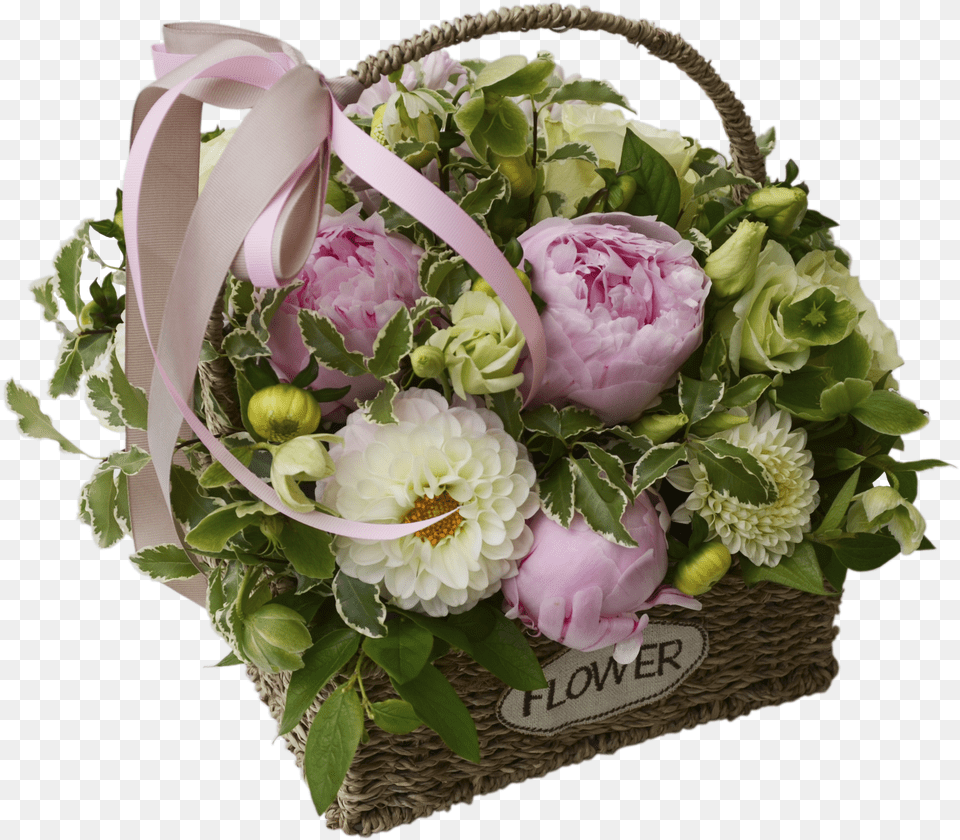 Basket With Peonies Garden Roses, Flower Bouquet, Plant, Flower, Flower Arrangement Png