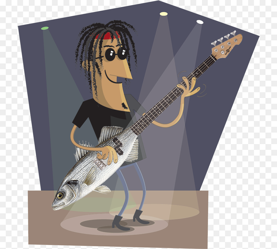 Bass Guitar Fish Pun Cartoon Illustration, Musical Instrument, Bass Guitar, Person, Face Free Png