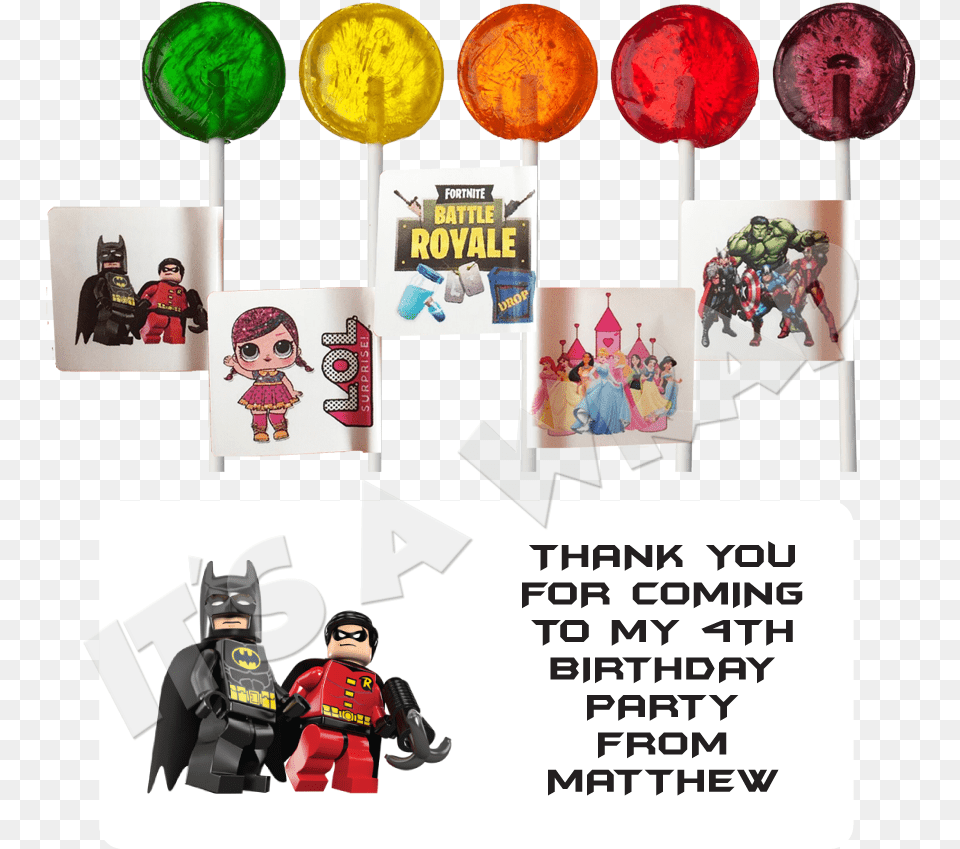 Batman Lego Lollipop Stick Labels Lollipop Candy, Food, Sweets, Baby, Person Free Png Download