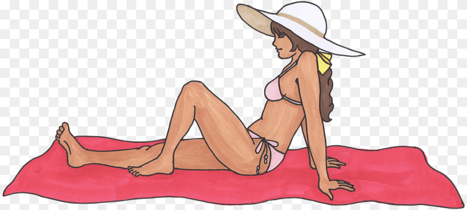 Beach Girl Sitting On A Red Towel Clipart, Swimwear, Clothing, Hat, Sun Hat Png