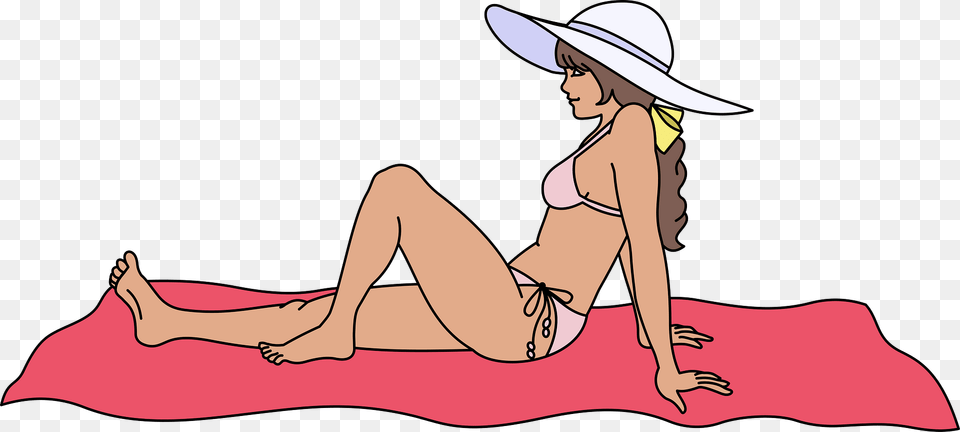 Beach Girl Sitting On A Red Towel More Simplified Clipart, Clothing, Hat, Swimwear, Sun Hat Free Transparent Png