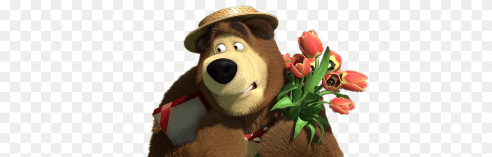 Bear Holding A Present And Flowers, Flower, Plant, Teddy Bear, Toy Free Transparent Png