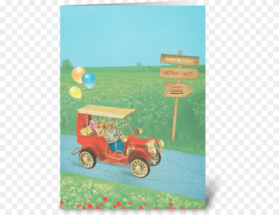 Bear In A Vintage Car Greeting Card Greeting Card, Balloon, Antique Car, Model T, Transportation Png