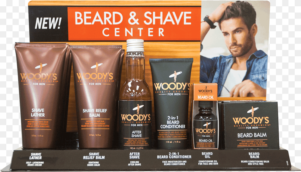 Beard And Shave Center Woodys Beard Oil, Bottle, Adult, Man, Person Free Png Download