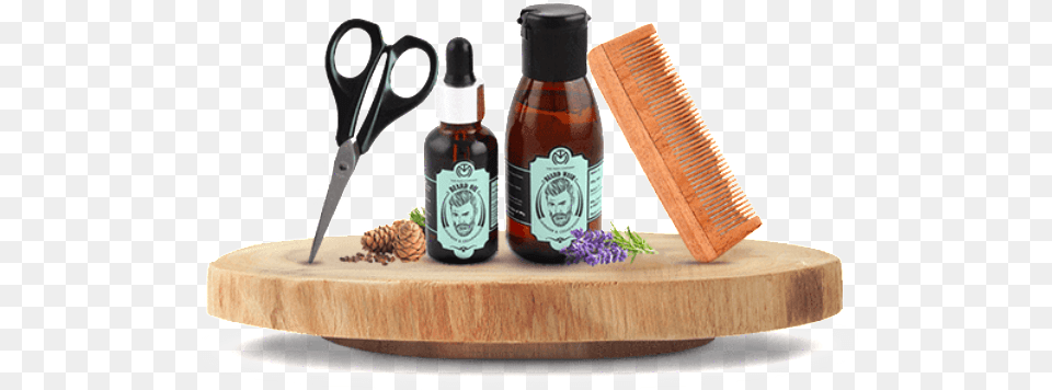 Beard Man Company Beard Combo With Almond, Scissors, Bottle, Cosmetics, Perfume Png Image