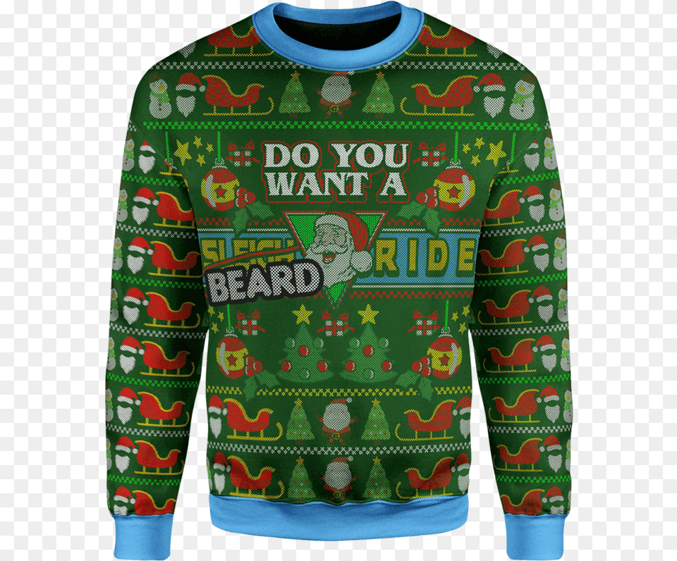 Beard Rides Christmas Sweater Ugly Sweater Clipart Transparent, Clothing, Knitwear, Sweatshirt, Hoodie Png
