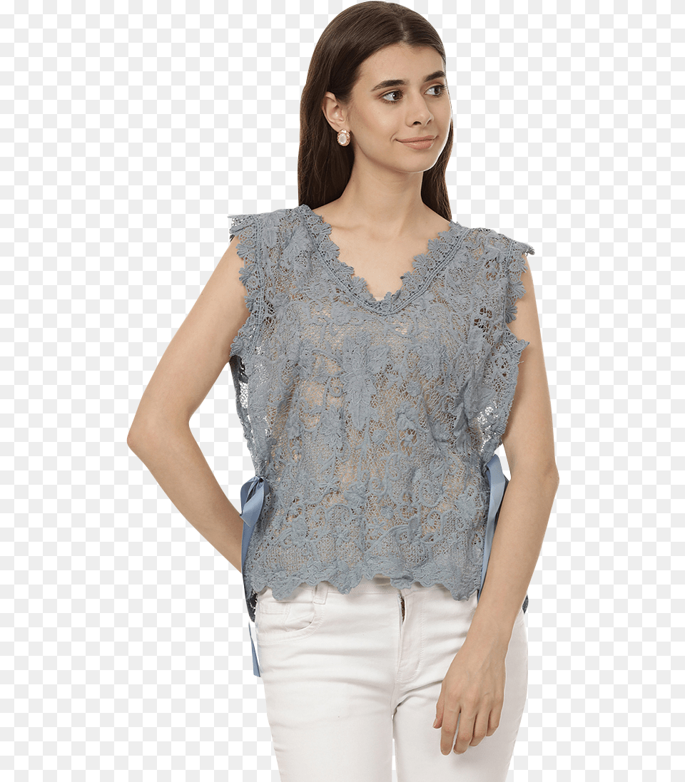 Beau Blue Lace Top Blouse, Adult, Clothing, Female, Person Png Image