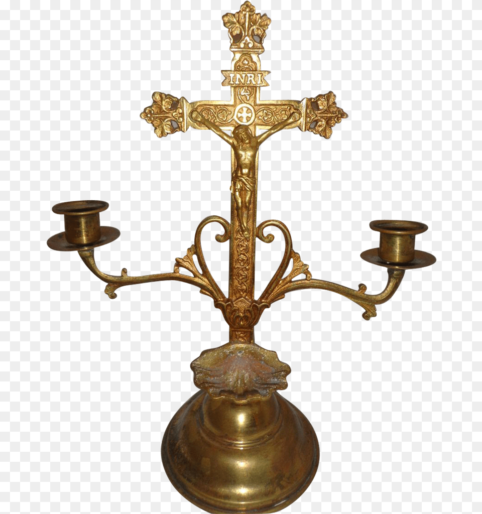 Beautiful All Original Altar Cross Roman Catholic Religious Brass, Bronze, Symbol, Candle Free Transparent Png