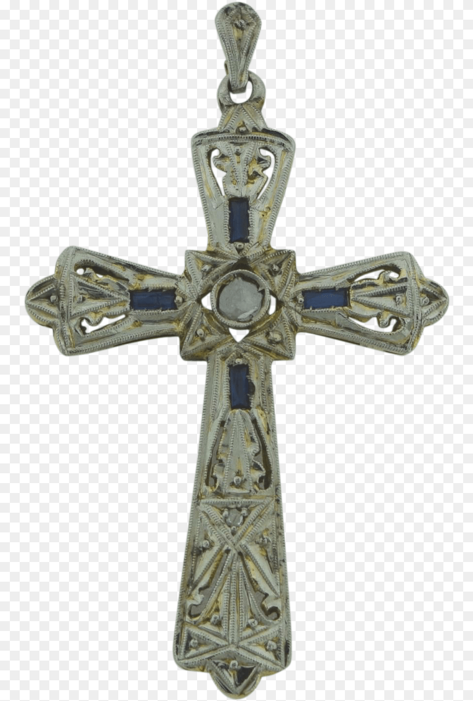 Beautiful Antique Platinum Diamond Sapphires 18k Gold, Cross, Symbol, Crucifix Free Png Download