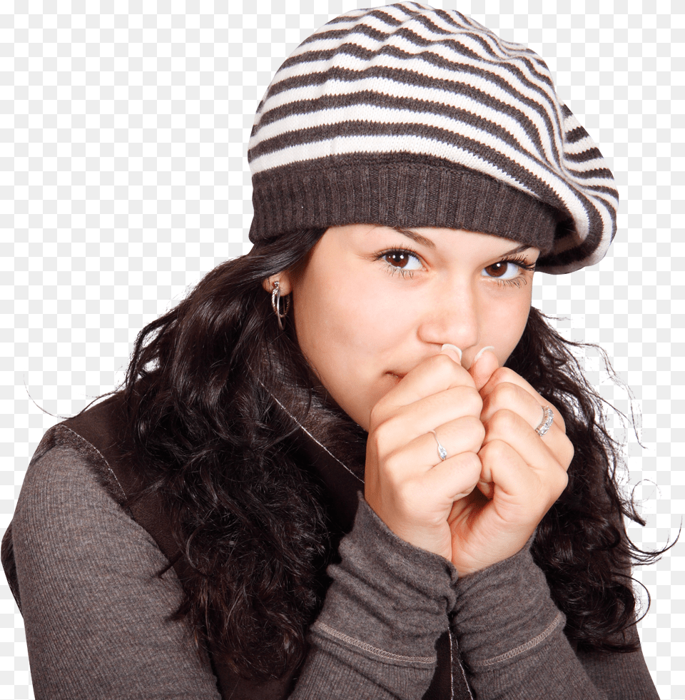 Beautiful Girl Freezing In Winter Hat, Clothing, Cap, Beanie Png Image