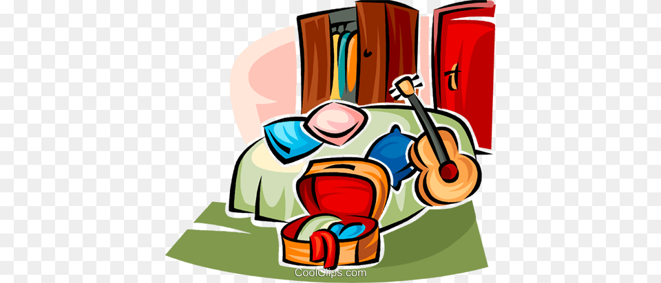 Bedroom Furniture And A Guitar Royalty Vector Clip Art, People, Person, Device, Grass Png Image