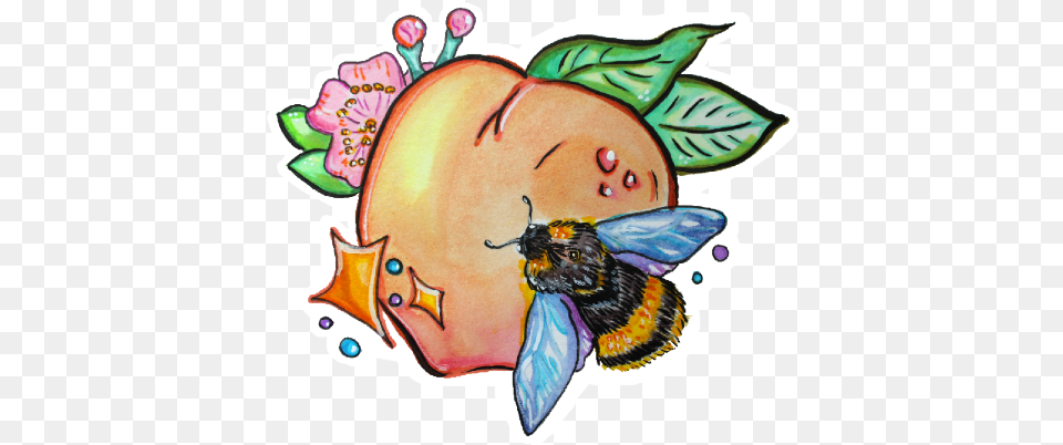 Bee Peach Sticker Cartoon, Animal, Apidae, Insect, Invertebrate Png Image