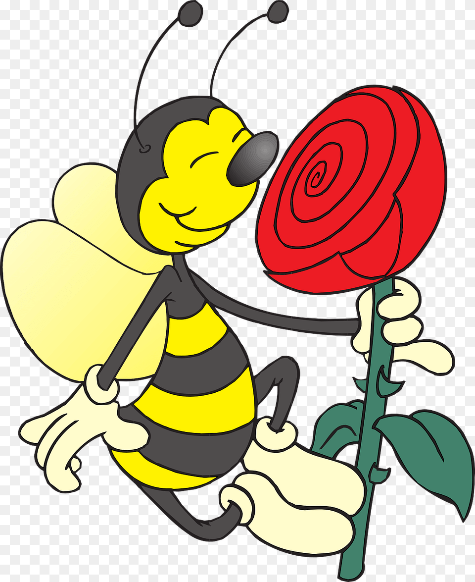 Bee With Flower Smelling A Flower Cartoon, Animal, Insect, Invertebrate, Wasp Png