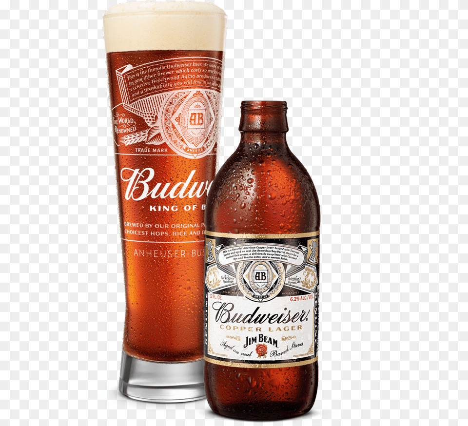 Beer Poured In Glass Next To Bottle Budweiser Jim Beam Copper Lager, Alcohol, Beverage, Beer Bottle, Liquor Free Png