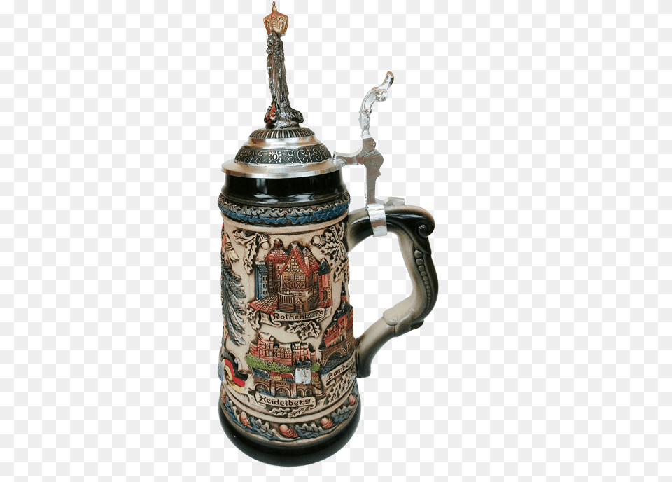 Beer Stein With Tin Eagle Germany Colored Brown Blue And White Porcelain, Cup, Smoke Pipe Free Png
