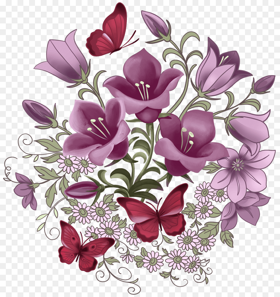 Bellflowers And Butterflies Clipart, Art, Floral Design, Graphics, Pattern Png