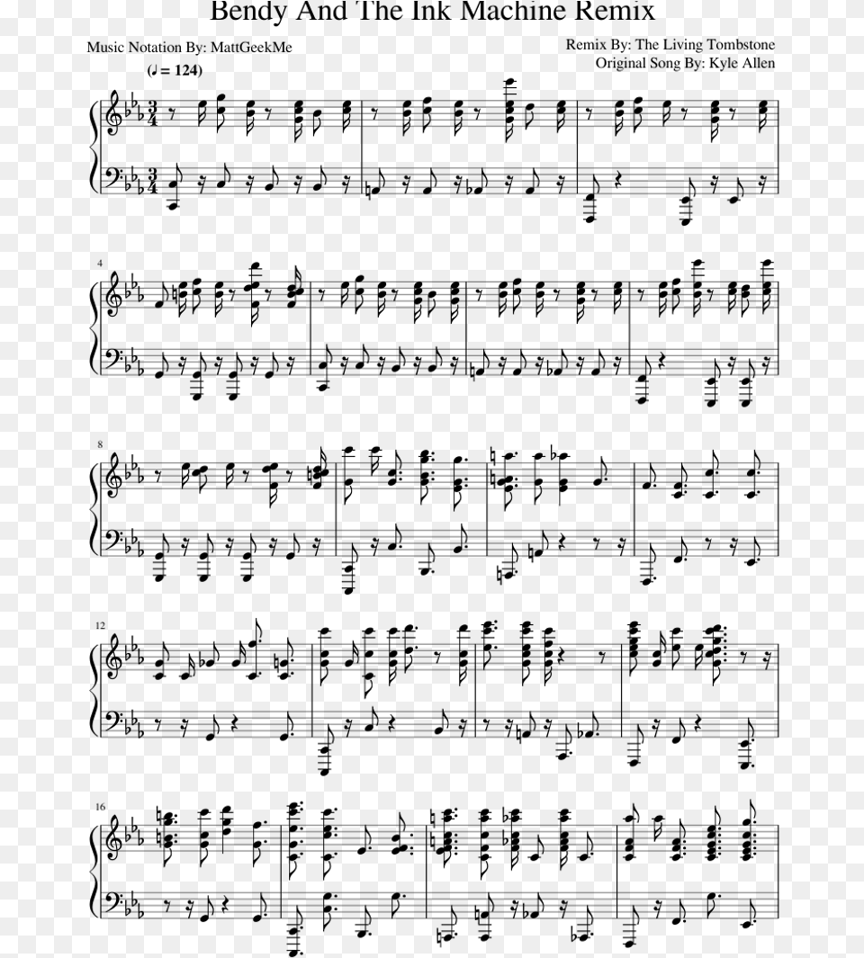 Bendy And The Ink Machine Remix Sheet Music For Piano Music, Gray Free Png Download