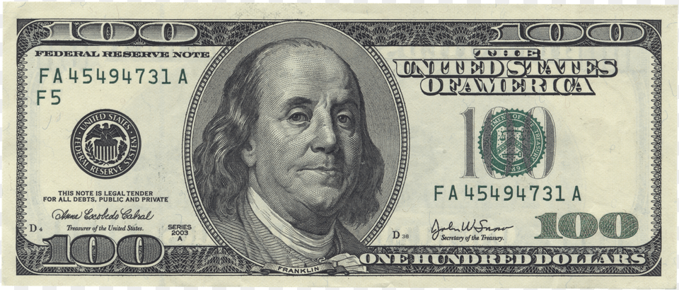 Benjamin Franklin United States One Hundred Dollar 100 Dollar Bill, Adult, Male, Man, Money Png Image