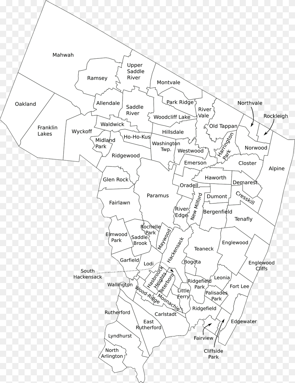 Bergen County Nj Municipalities Labeled Bergen County Nj Outline, Chart, Plot, Map, Atlas Free Transparent Png