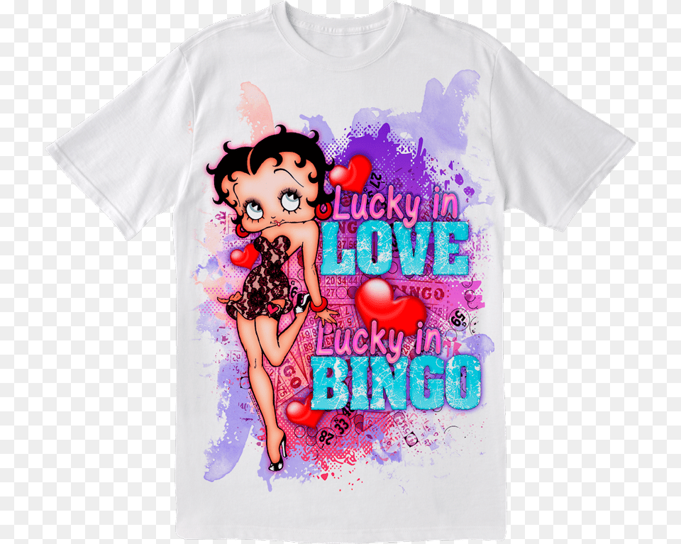 Betty Boop Lucky In Love Bingo Tee Shirt Girl, Clothing, T-shirt, Person, Face Free Png Download