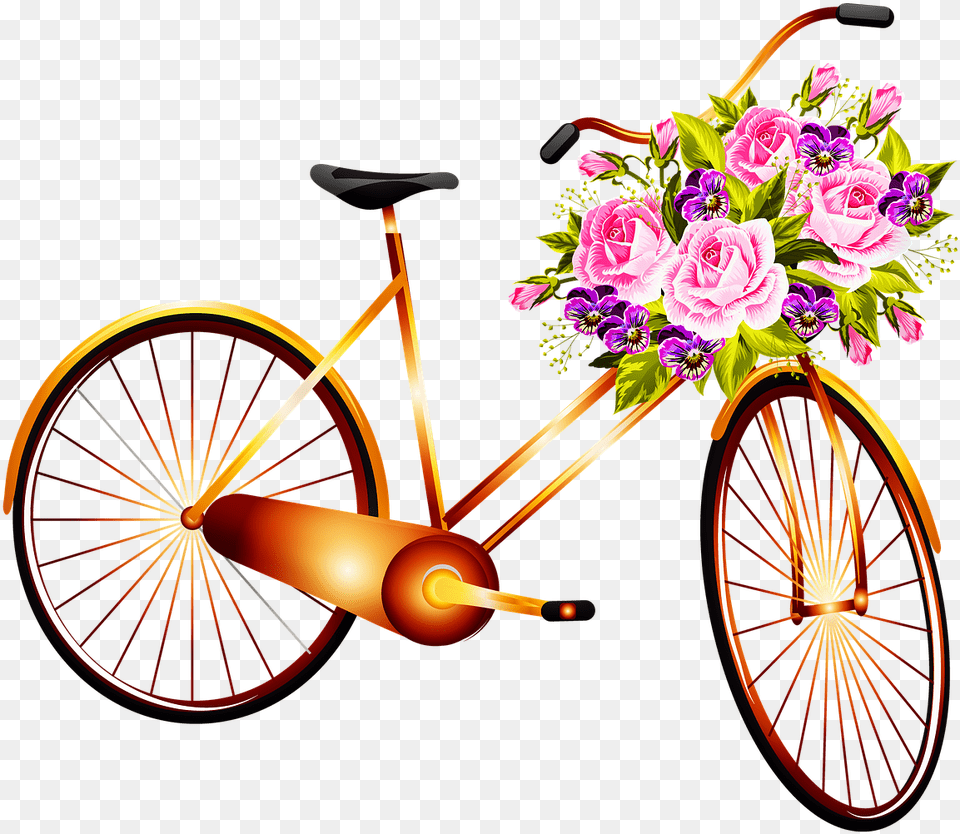 Bicycle Basket With Flowers Woman Bicycle Photo Basket Bike With Flowers, Flower, Flower Arrangement, Flower Bouquet, Plant Png
