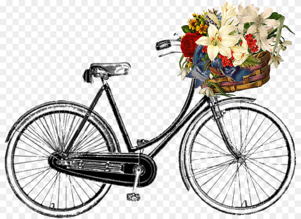 Bicycle Flower Bunch Transport Ride Cycle Vintage Bicycle Clip Art, Plant, Flower Arrangement, Flower Bouquet, Wheel Free Png Download