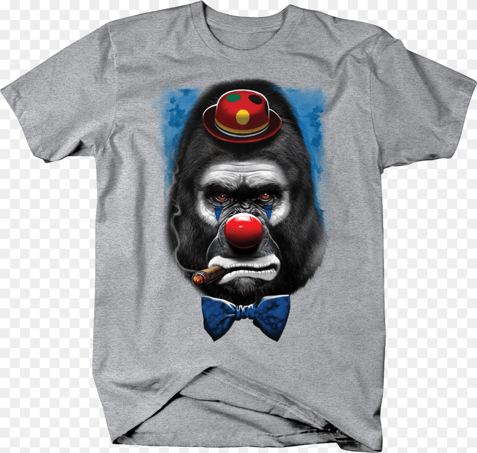 Big Gorilla Smiking Cigar Dressed As Sad Bow Clown Up Doe T Shirt, Clothing, T-shirt, Performer, Person Free Png