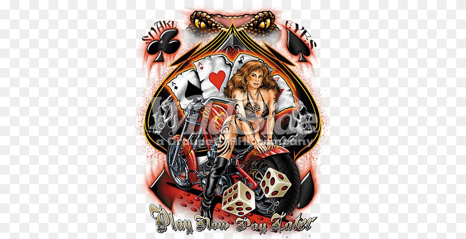 Bikini Biker Babe On Motorcycle With Snake Eyes Playing Biker Pinup Girl Motorcycle Chopper Custom Bike T Shirt, Advertisement, Publication, Book, Comics Png