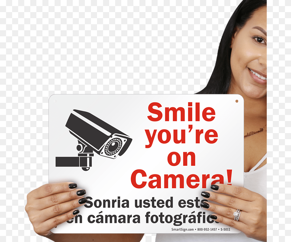 Bilingual Smile You39re On Camera Sign, Adult, Female, Person, Woman Free Png Download
