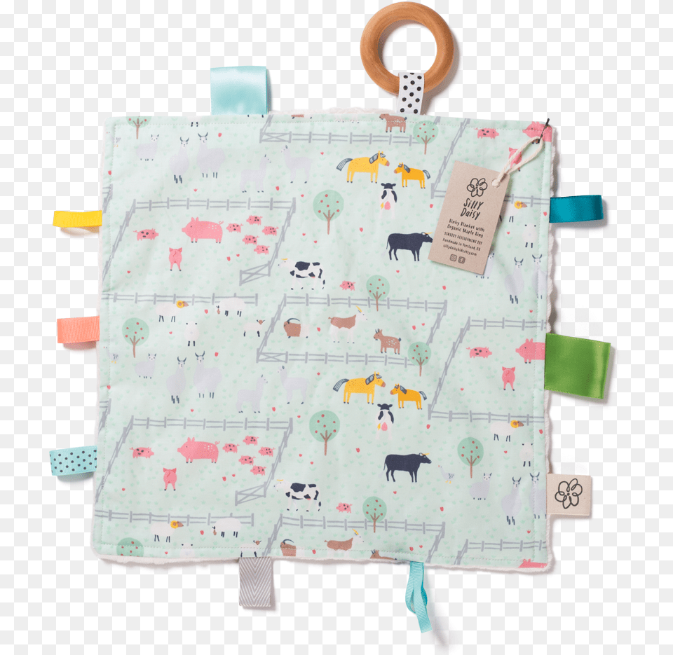 Binky Blanket With Organic Maple Ring Green Fabric With Cow Horse Farm Animal, Diaper, Bag, Cattle, Livestock Png Image