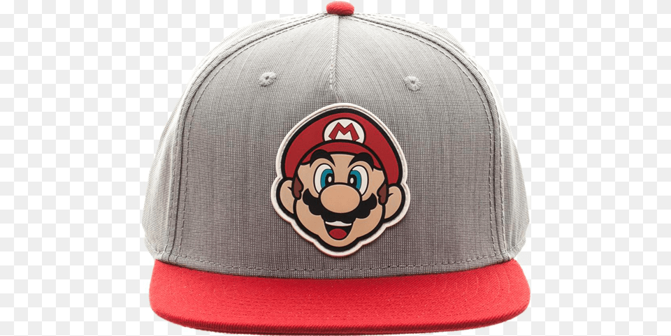 Bioworld Snapback Cap Mario Gray Face Front Nintendo Licensed Super Mario Neoprene System Case, Baseball Cap, Clothing, Hat, Person Free Png Download