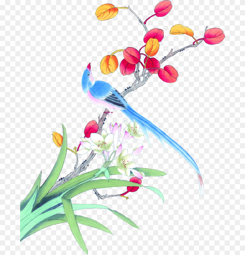 Bird And Flower Painting, Animal, Jay, Art, Floral Design Free Png Download