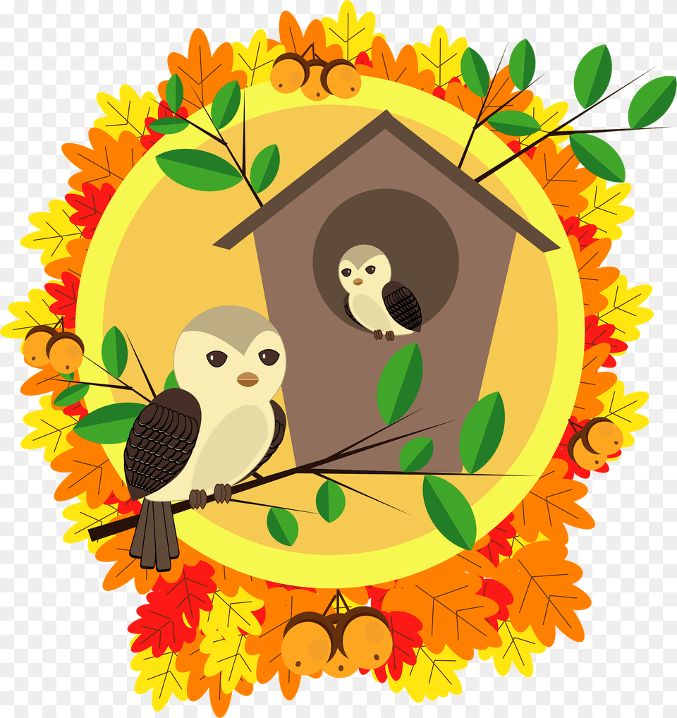 Birdhouse With Owls Roosting Clipart, Leaf, Plant, Animal, Beak Free Png