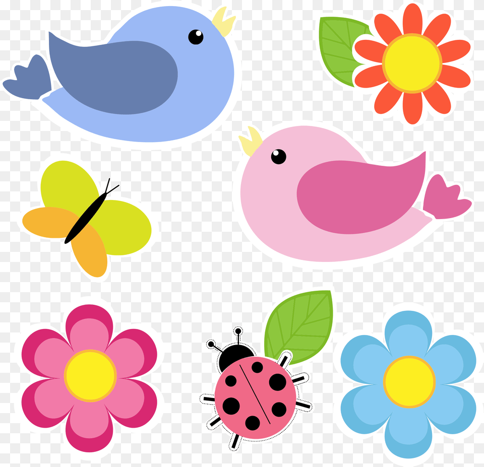 Birds Butterfly Ladybug And Flowers No Background, Pattern, Animal, Art, Floral Design Png