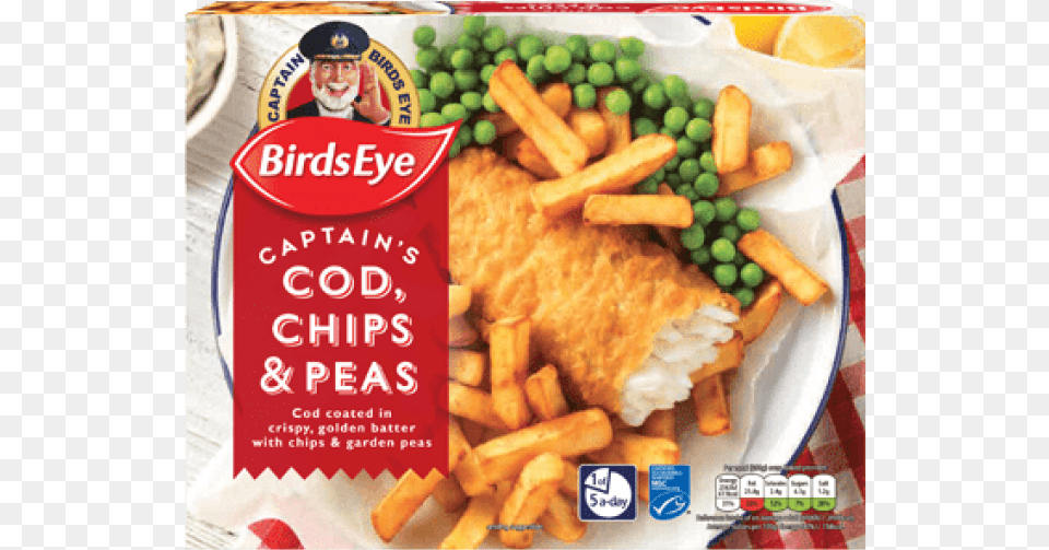 Birds Eye Traditional Fish And Chips Birds Eye Battered Cod Chips And Peas, Food, Person, Ketchup, Lunch Png Image