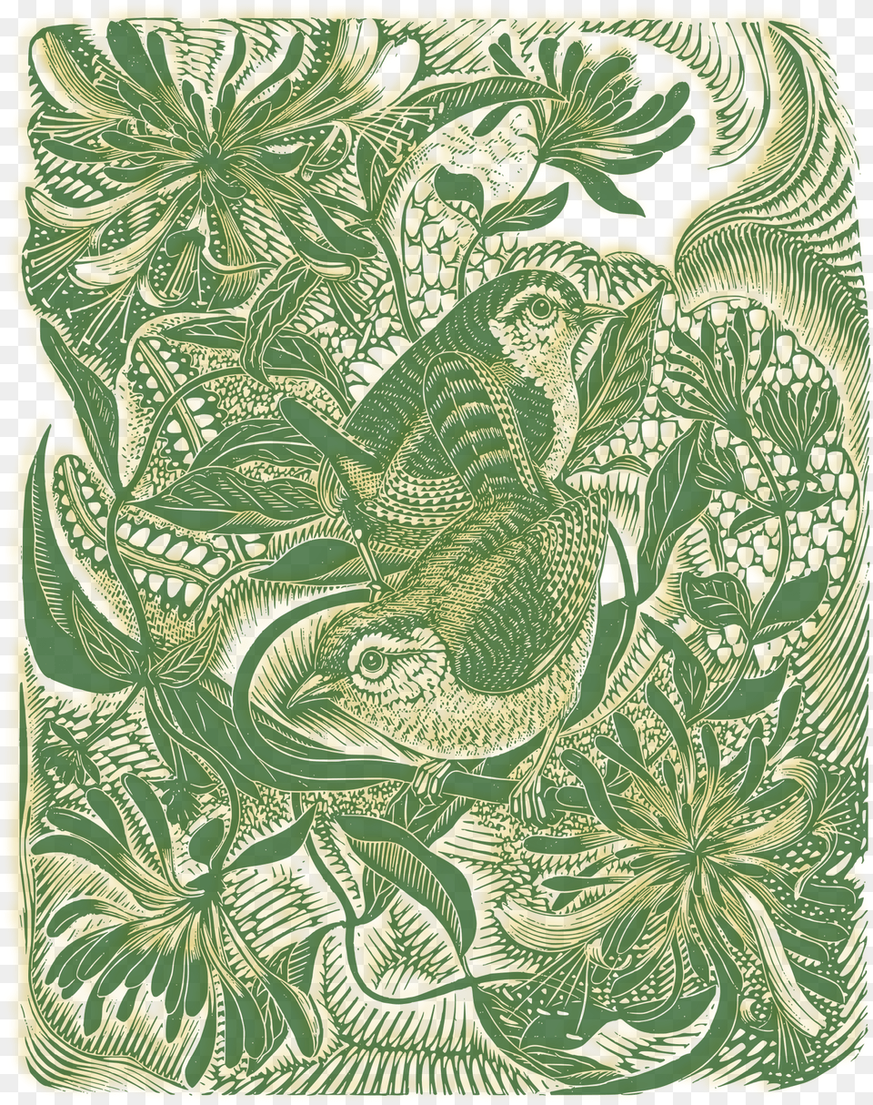 Birds In Forest Wood Engraving, Green, Pattern, Art, Floral Design Png Image
